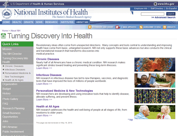 Screenshot of the Turning Discovery Into Health web site.