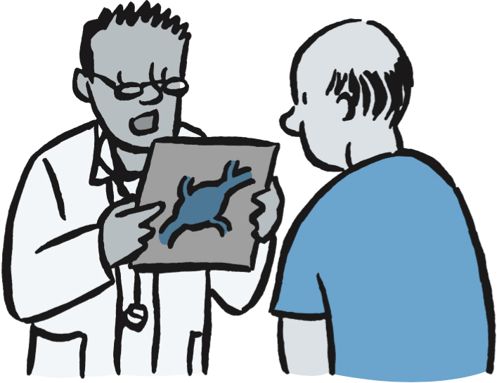 Illustration of doctor showing patient an image of a bulging artery.