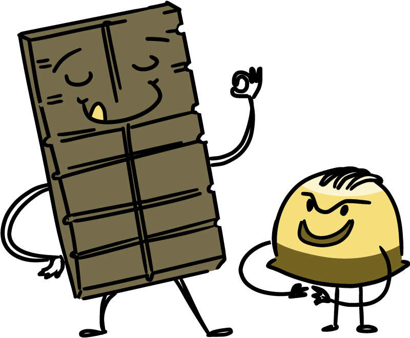 Illustration of a smiling dark chocolate bar and a sinister chocolate truffle.