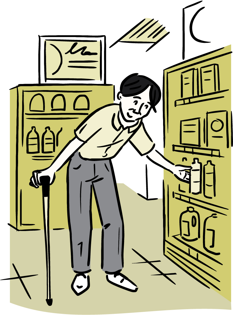 Illustration of a man steadying himself with a cane while reaching for a bottle on a grocery store shelf.