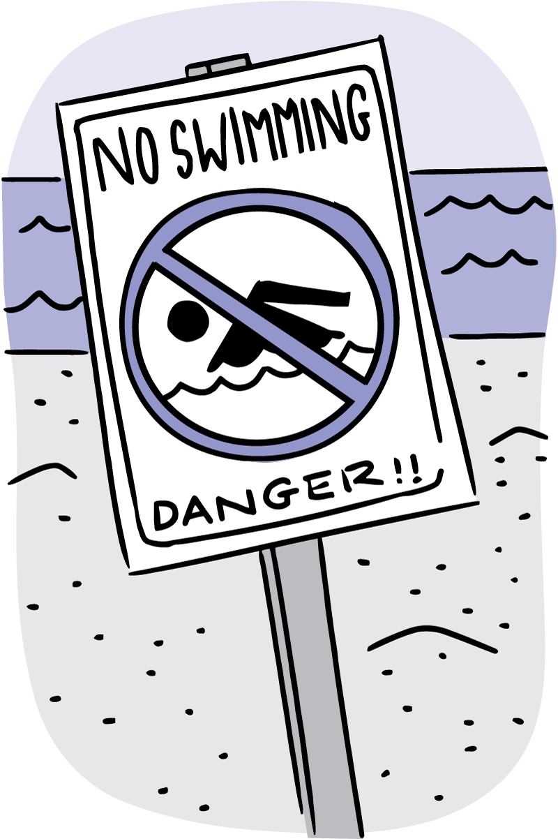 Illustration of a No Swimming sign at the beach.