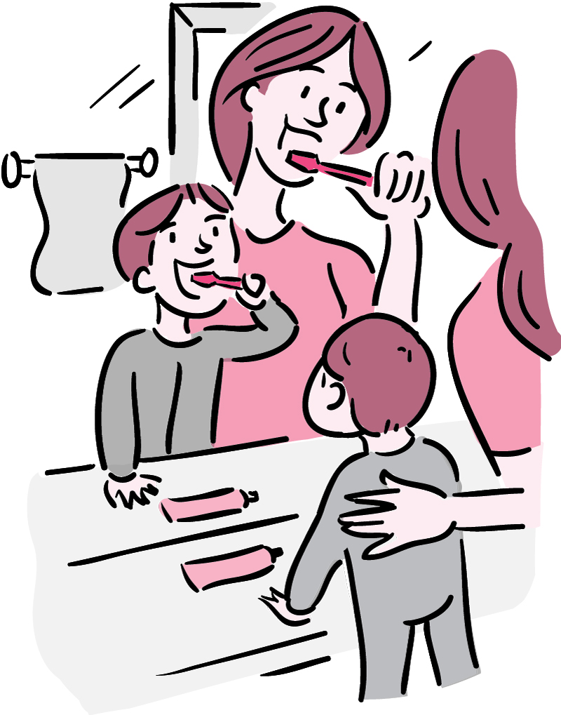 Illustration of a mother and toddler brushing their teeth in front of a mirror.