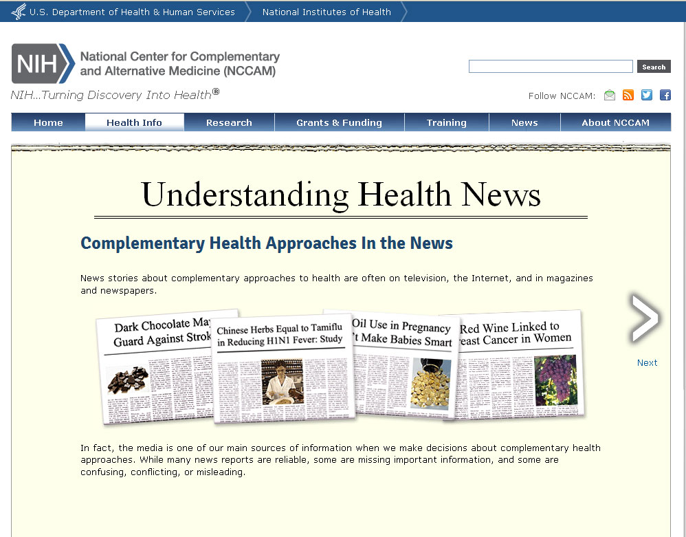 Screen capture of the homepage for the Understanding Health News website.