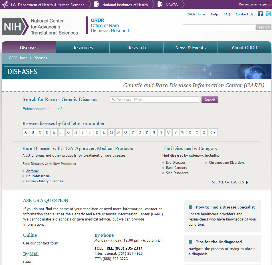 Screen capture of the homepage for the Genetic and Rare Diseases Information Center website.