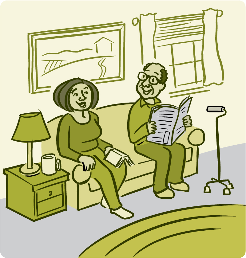 Illustration of a smiling older man and woman sitting on the couch with a walking cane nearby.