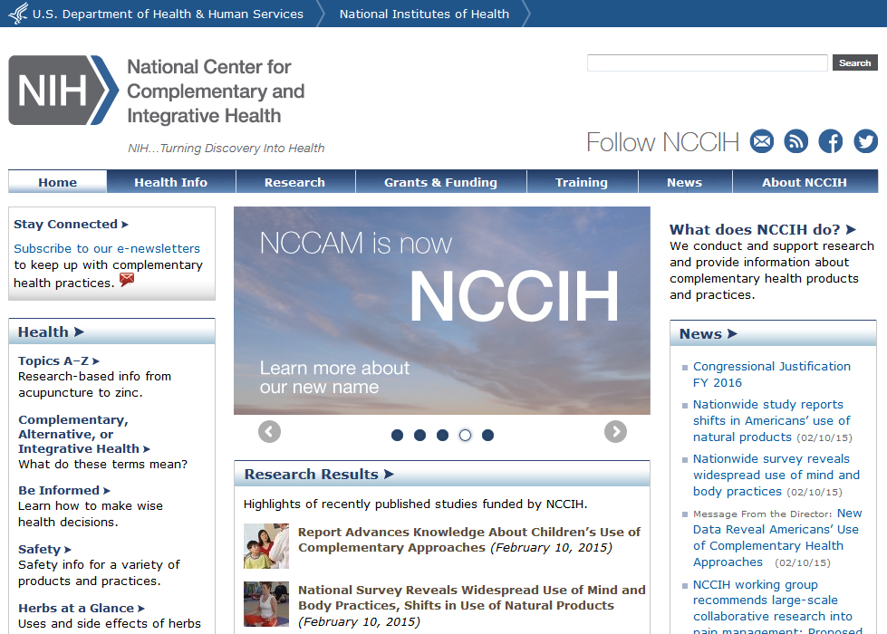 Screen capture of the homepage for the National Center for Complementary and Integrative Health website.