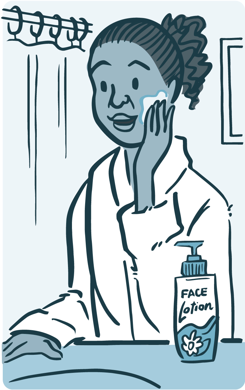 Illustration of a woman putting lotion on her face.