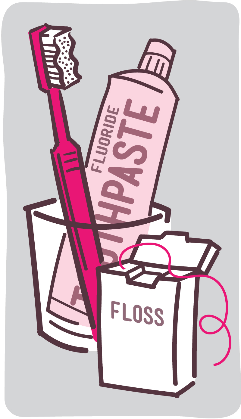 Illustration of toothpaste, toothbrush, and dental floss.