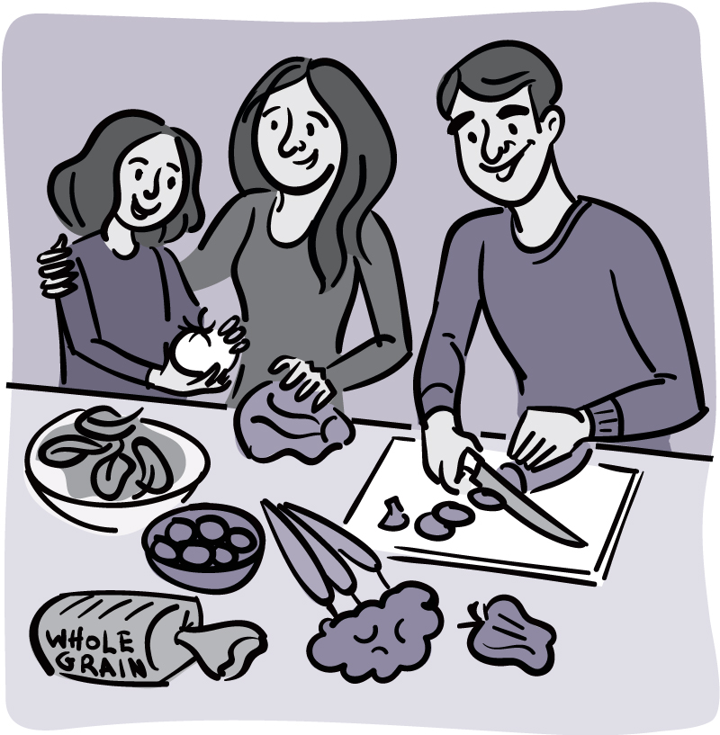 Illustration of a family making a healthy salad.