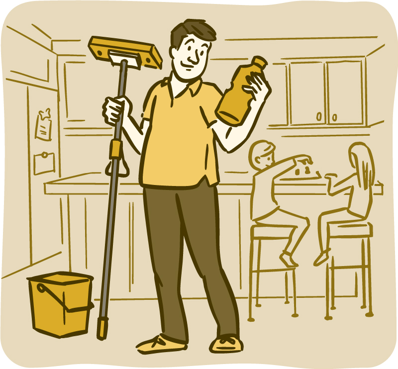 Illustration of a dad holding a mop and reading the label on a bottle of cleaning fluid in a kitchen.