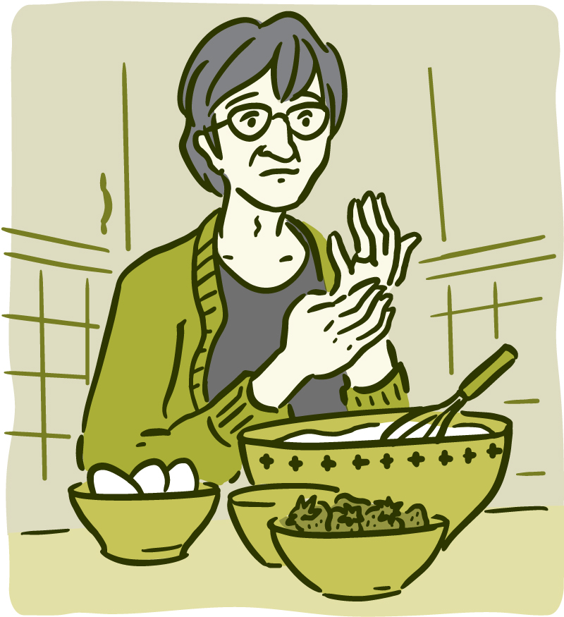 Illustration of a woman trying to bake with pain in her hands.