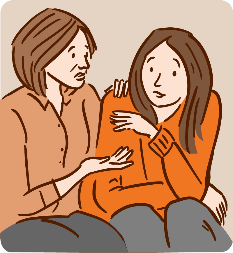 Illustration of a mother comforting and talking with her daughter.