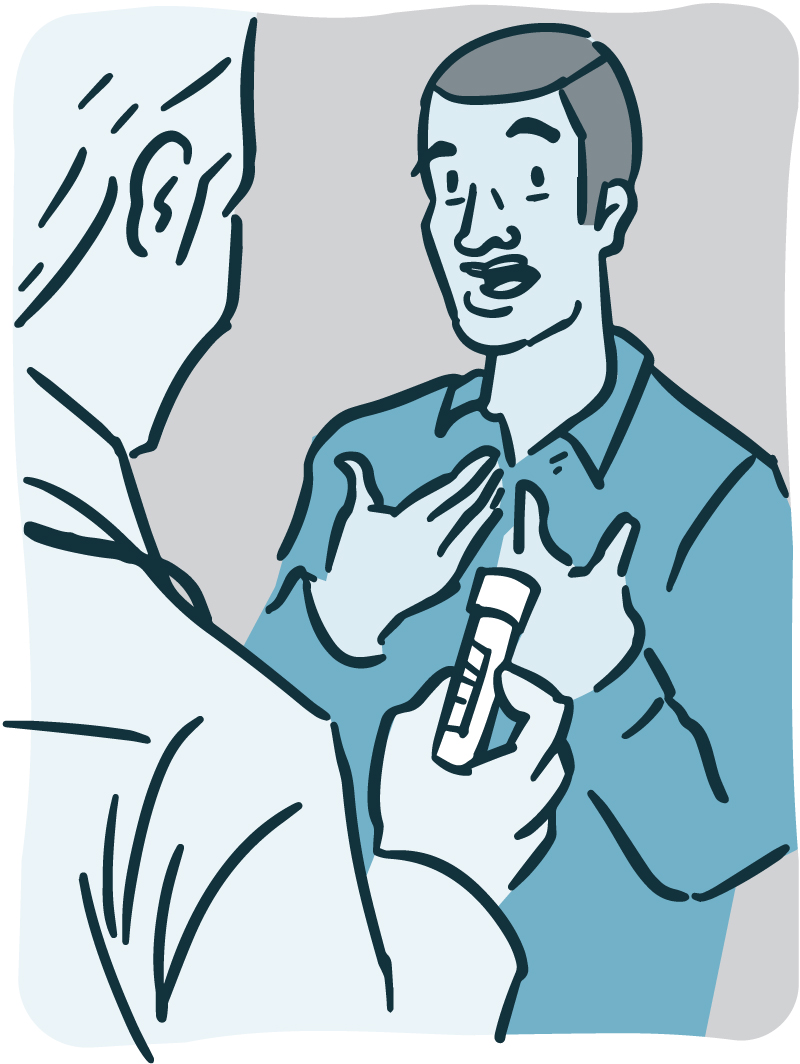 Illustration of a doctor holding a vial of blood while talking with a patient.