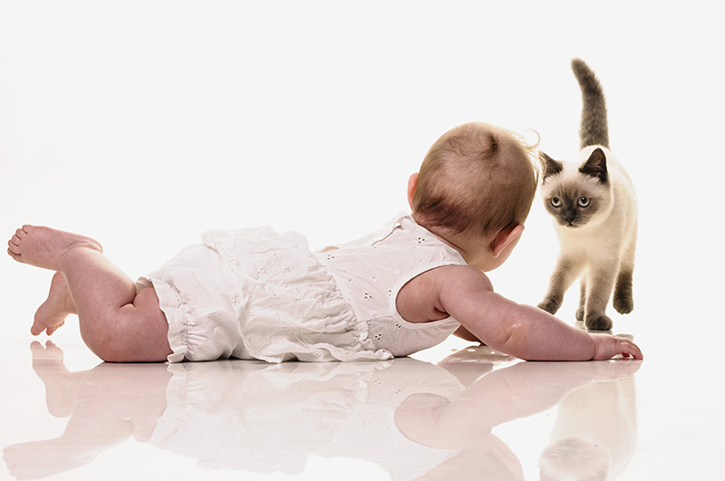 Baby on the floor with a kitten