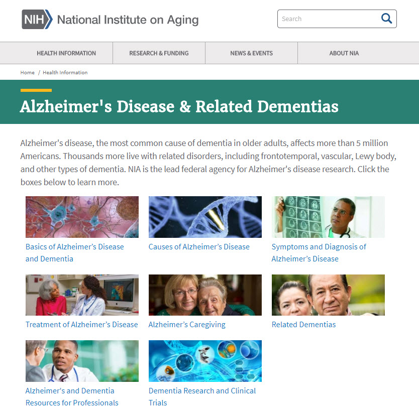 Screenshot of Alzheimer’s resources webpage 