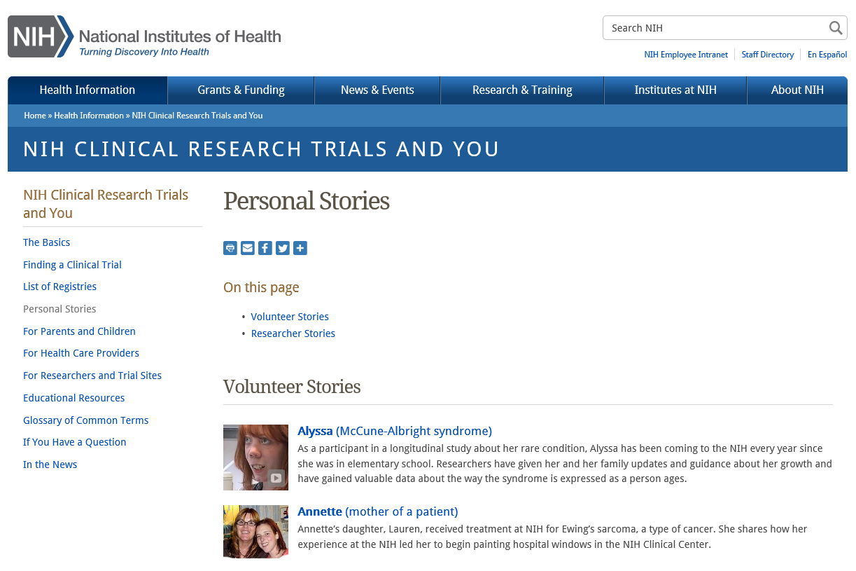 Screenshot of the personal stories website