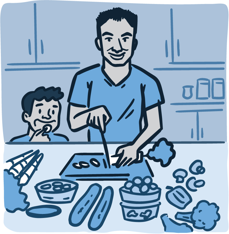 Illustration of a parent and child preparing a healthy meal together