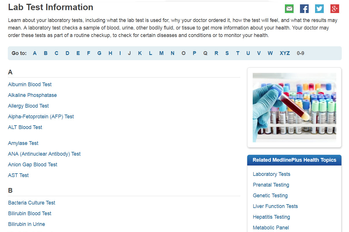 Screenshot of the lab test information website