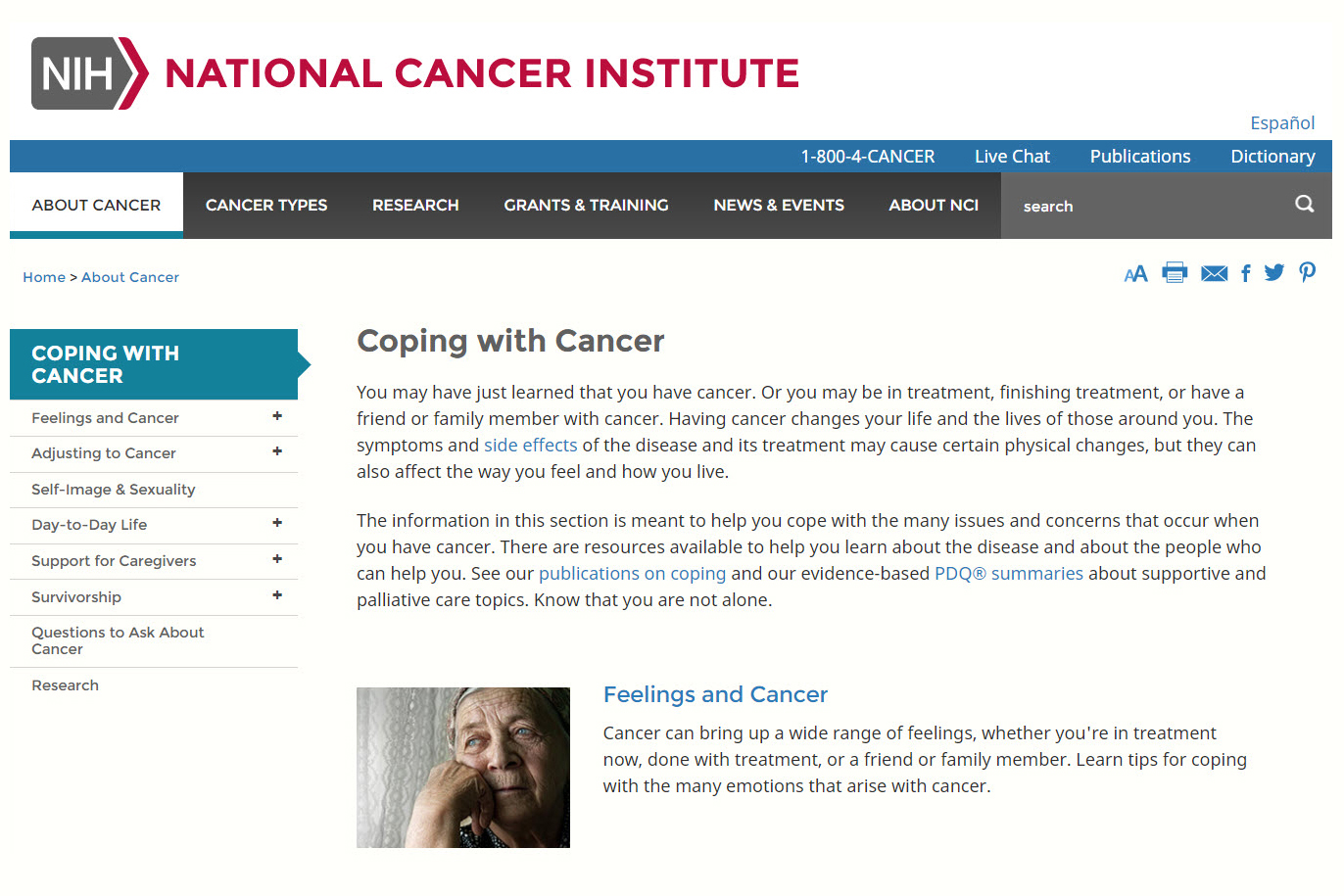 Screenshot of the coping with cancer website