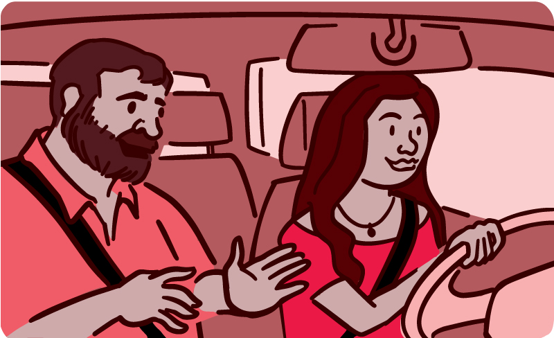 Illustration of the passenger in a car talking to the driver