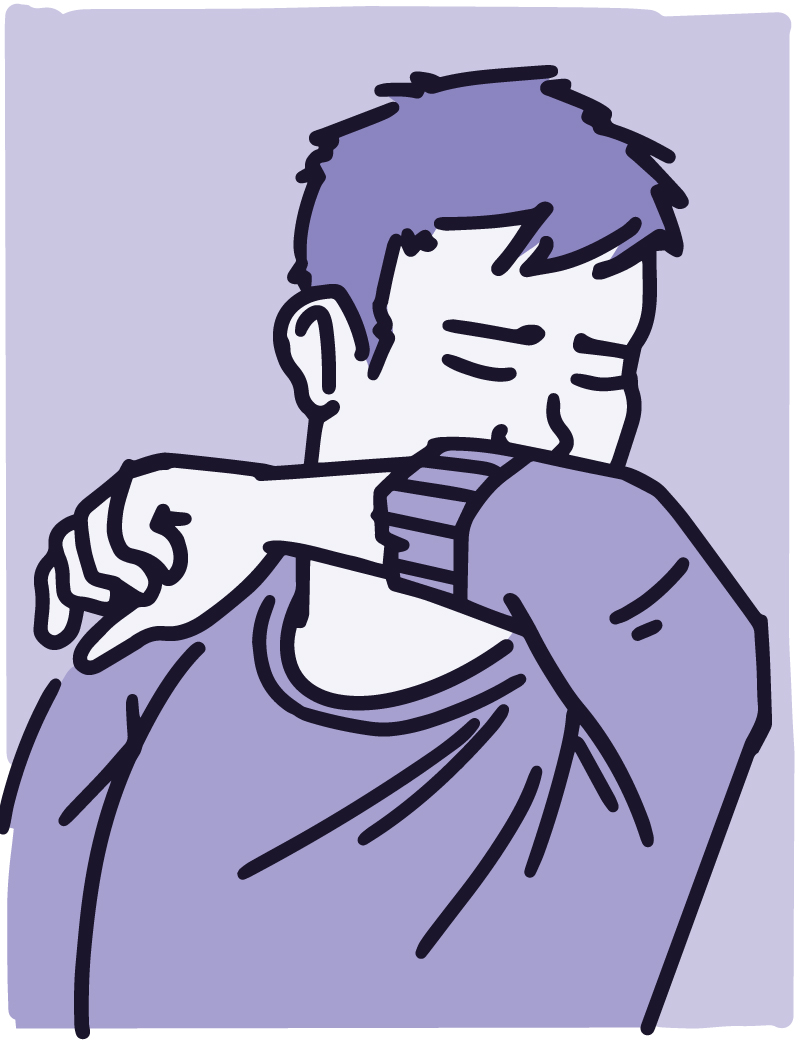 Illustration of a young person coughing into their elbow