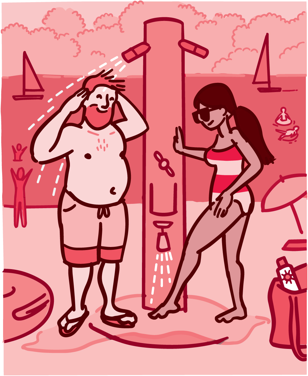 Illustration of a man and a woman rinsing off in a shower on the beach