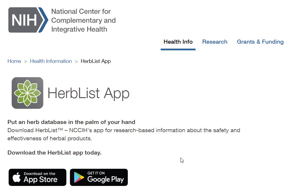 Screenshot of the HerbList app website