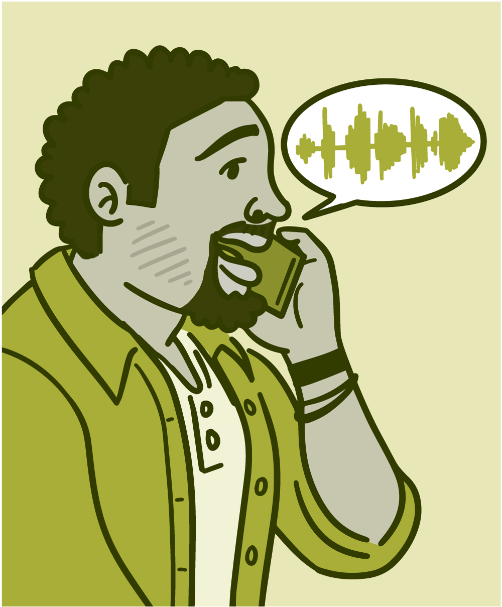 Illustration of a person talking on their cell phone showing a speech bubble with sound waves.