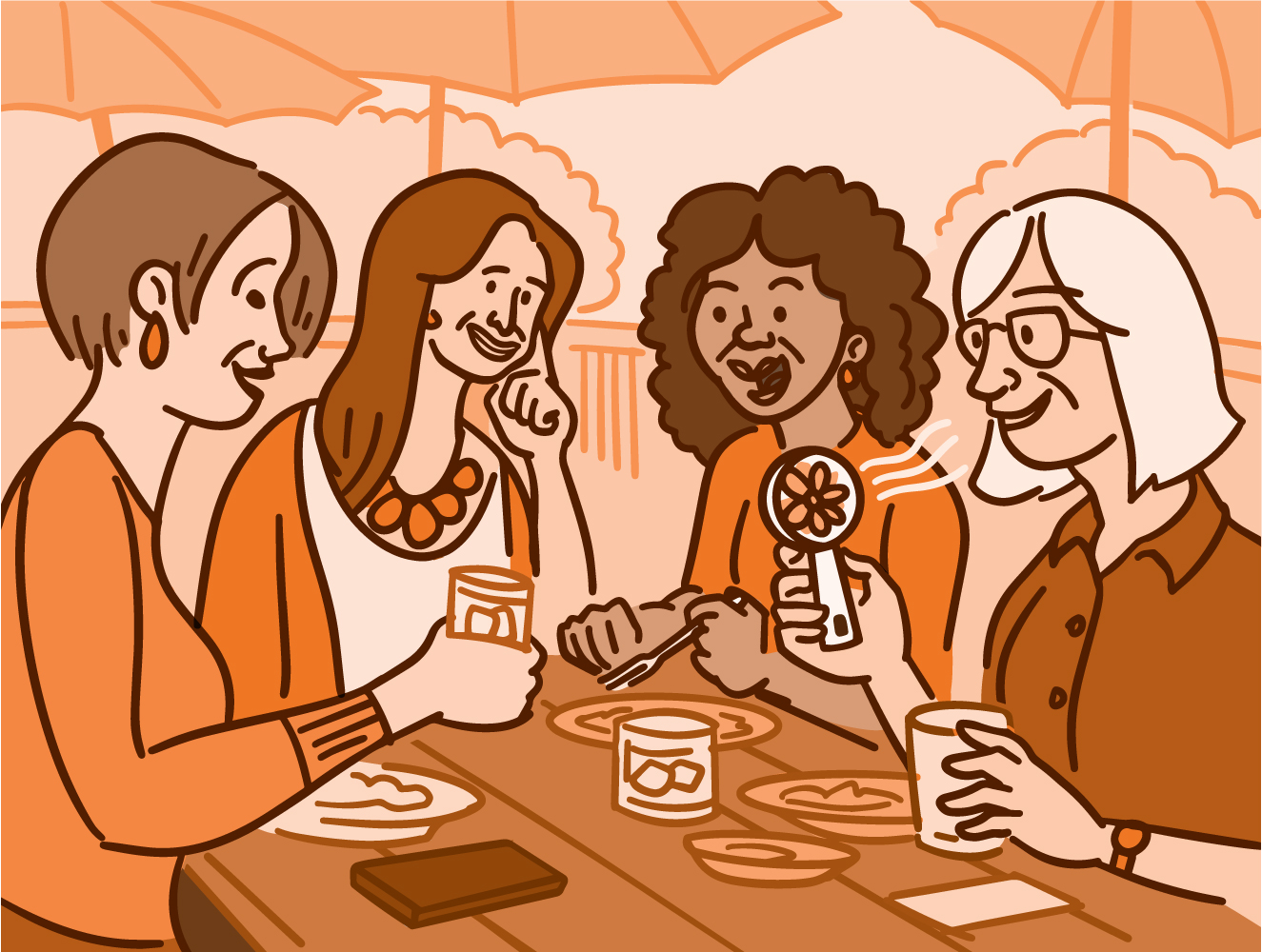 Illustration of four woman having lunch, with one holding a fan.