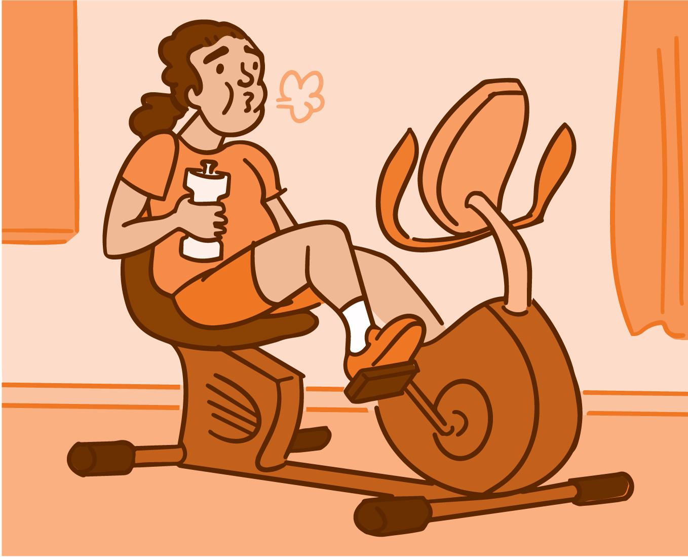 Illustration of a person breathing hard while using an indoor stationary bike.