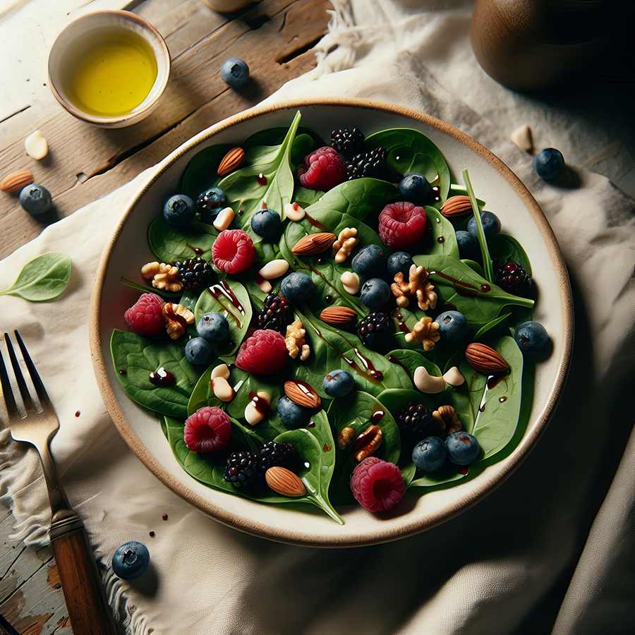 Fresh spinach salad with assorted berries and nuts.