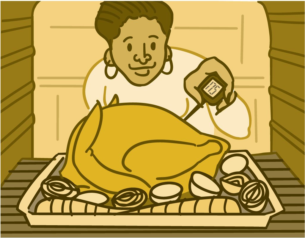 Illustration of a woman taking the temperature of a turkey in the oven.