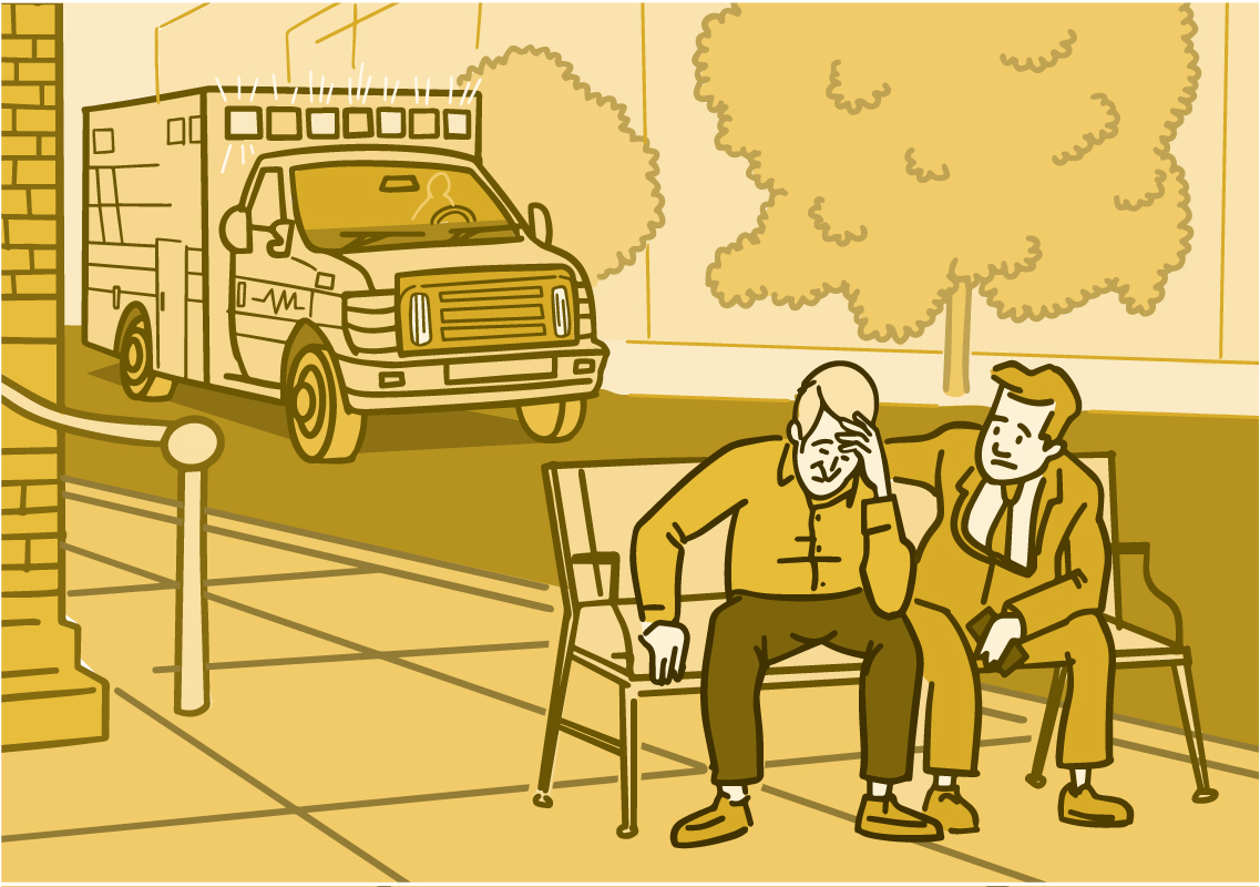 Illustration of a man sitting on a park bench with his hand on his head waiting for an ambulance, with a person comforting him.