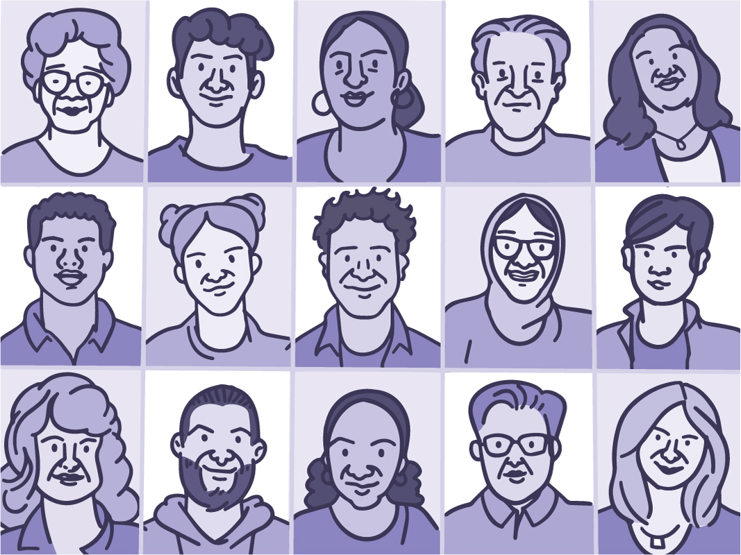 Illustration of a grid with different people’s faces.