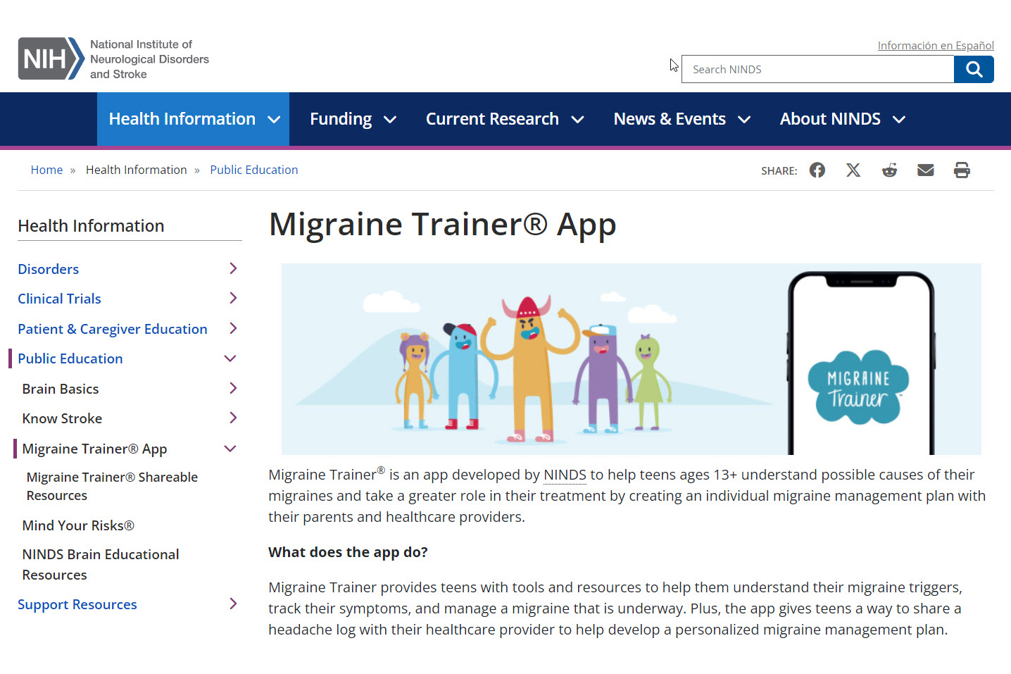 Screenshot of the Migraine Trainer App website.