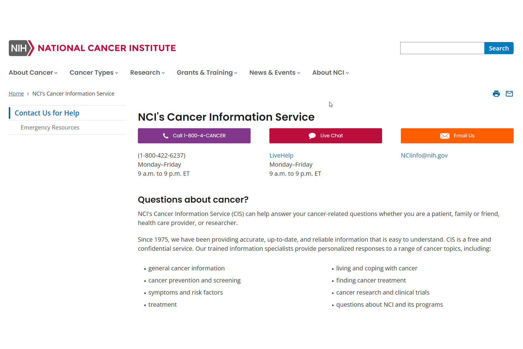 Screenshot of the Cancer Information Service.