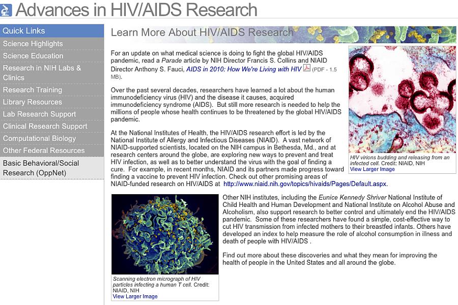 Screenshot of the Advances in HIV/AIDS Research web site.