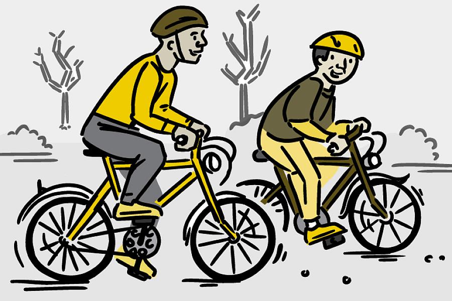 Illustration of two men bicycling.