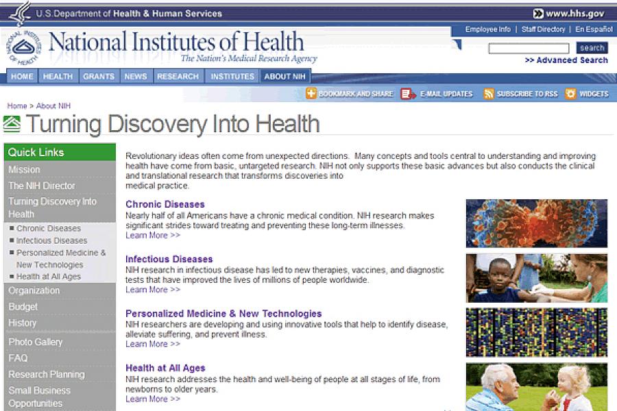 Screenshot of the Turning Discovery Into Health web site.