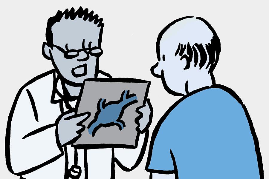 Illustration of doctor showing patient an image of a bulging artery.