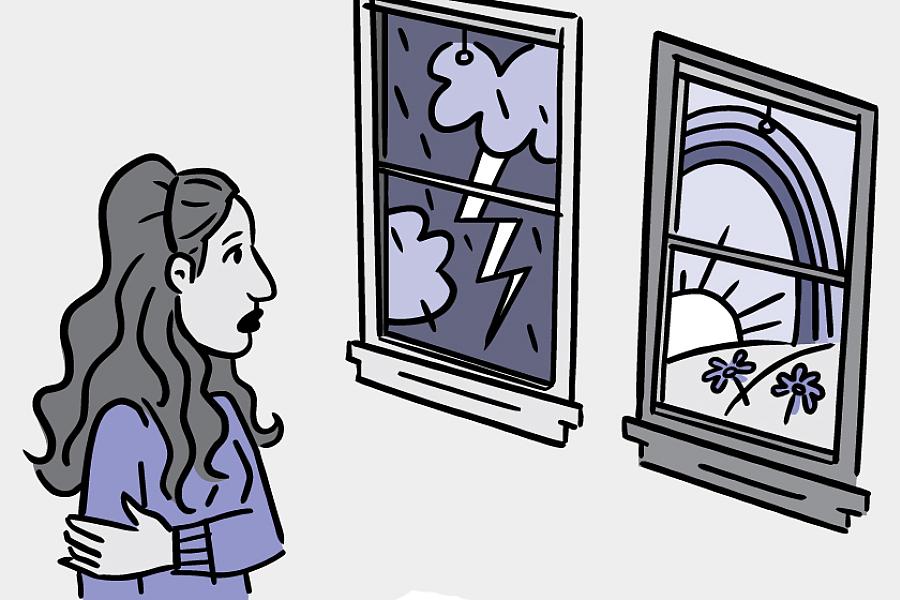 Illustration of woman looking at two windows, one with a violent storm and one with a sunny, peaceful scene.