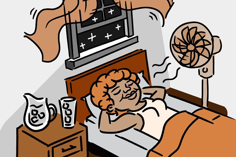 Illustration of a sleeping older woman staying cool with a fan, ice water and open window.