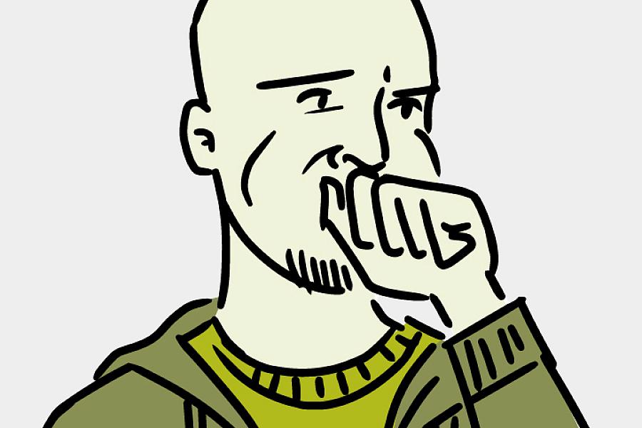 Illustration of an uncomfortable man covering his mouth.