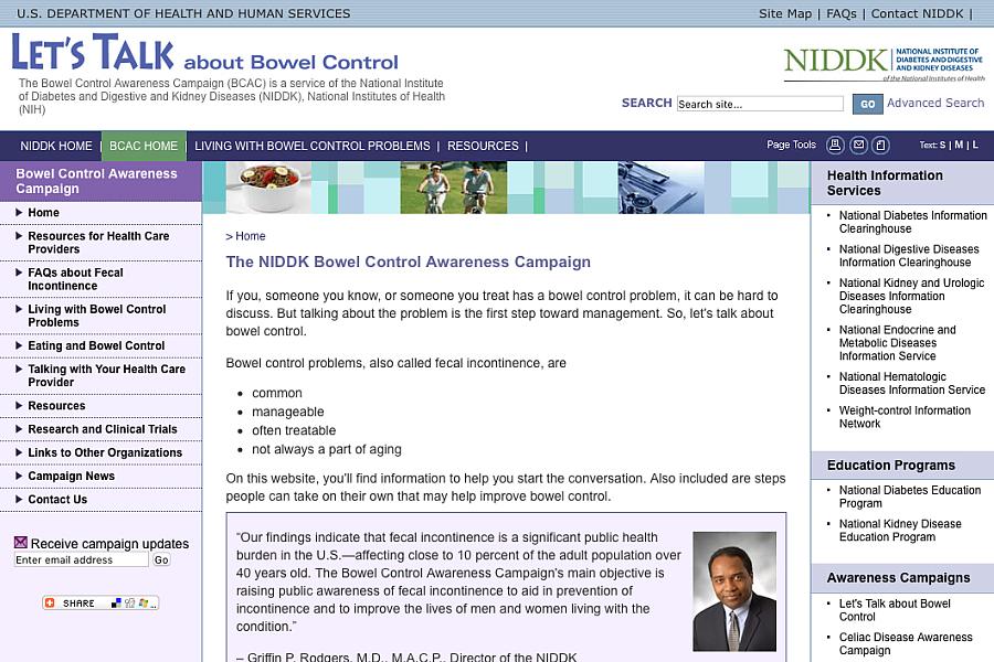 Screenshot of the Let's Talk About Bowel Control website.