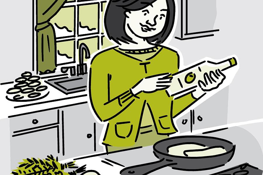  Illustration of a woman in a kitchen using “good” fat or low-fat foods.