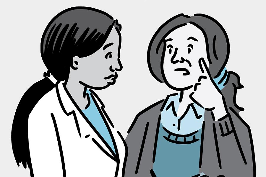 Illustration of a woman describing symptoms to her doctor.