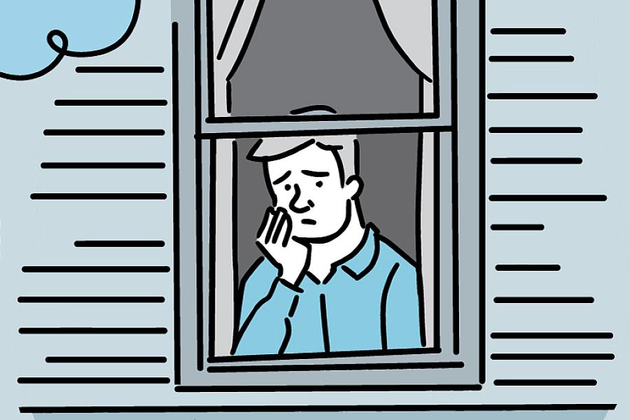 Illustration of a worried man looking out of a window.