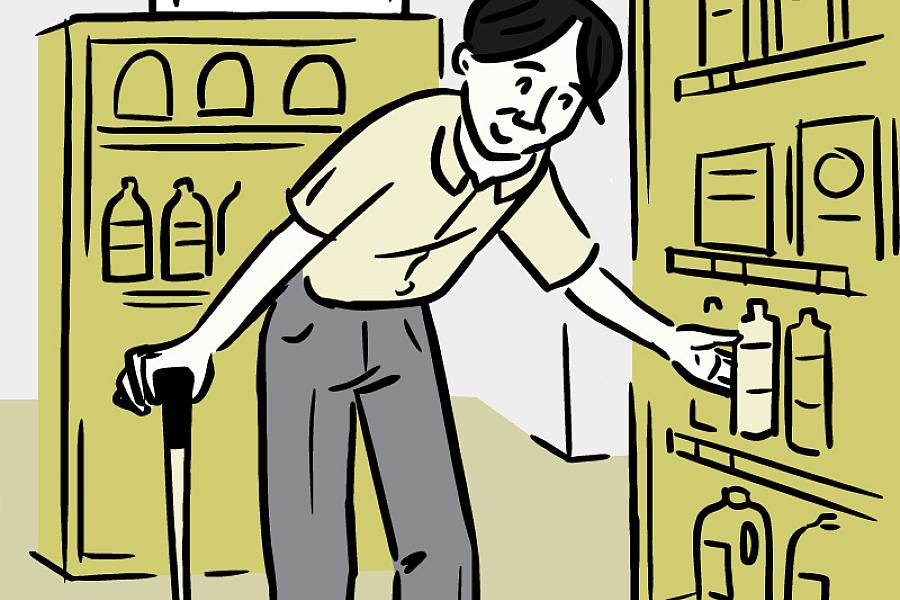 Illustration of a man steadying himself with a cane while reaching for a bottle on a grocery store shelf.