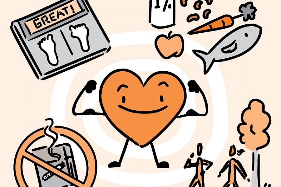 Illustration of a smiling, muscle-flexing heart surrounded by things that can help reduce heart risk.