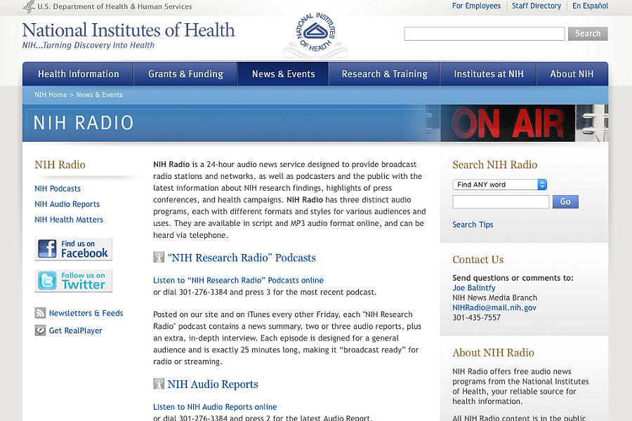 Screen capture of the homepage for NIH Radio